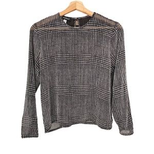 LOUIS FERAUD Black and White Tartan Check Metallic 100% Silk Blouse, Size 6